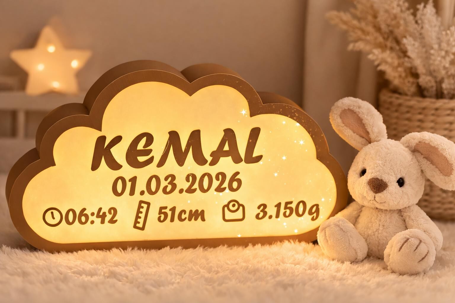 Krem-Açık Kahve Gece Lambası - Yenidoğan Bebek Odası İçin Led Işıklı Pilli Lamba