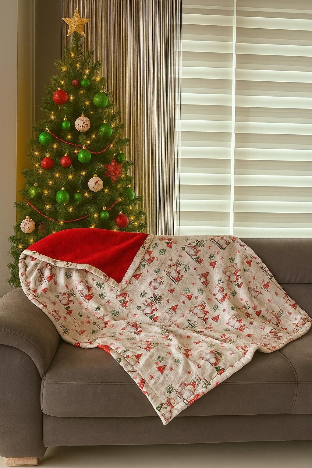 Yılbaşı Cüceleri Desenli Pazen ve Peluş Çift Taraflı TV Battaniyesi - Yumuşak ve Sıcak Tasarım