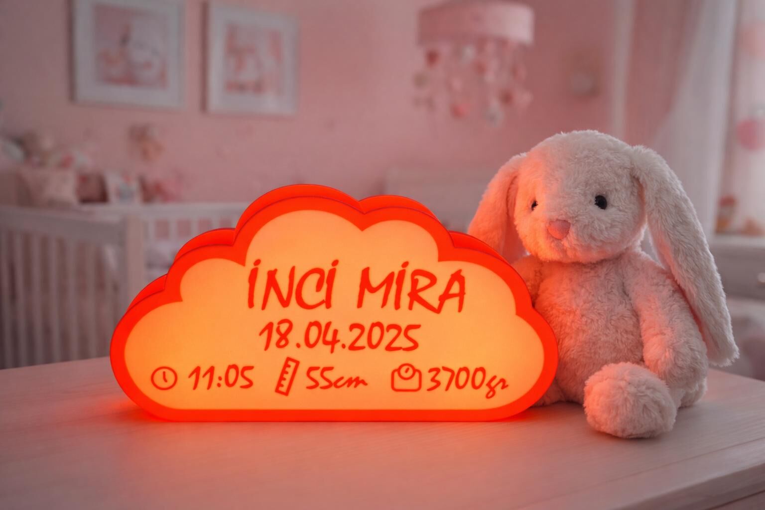 Pembe Bulut Gece Lambası - Yeni doğan Bebek Odası İçin Led Işıklı Pilli Lamba