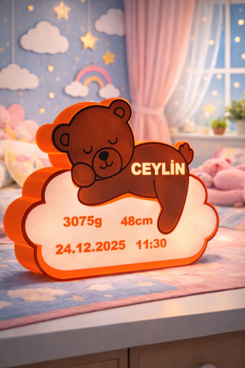 Pembe Ayıcıklı Bulut Gece Lambası-Yenidoğan Bebek Odası İçin Led Işıklı Pilli Lamba