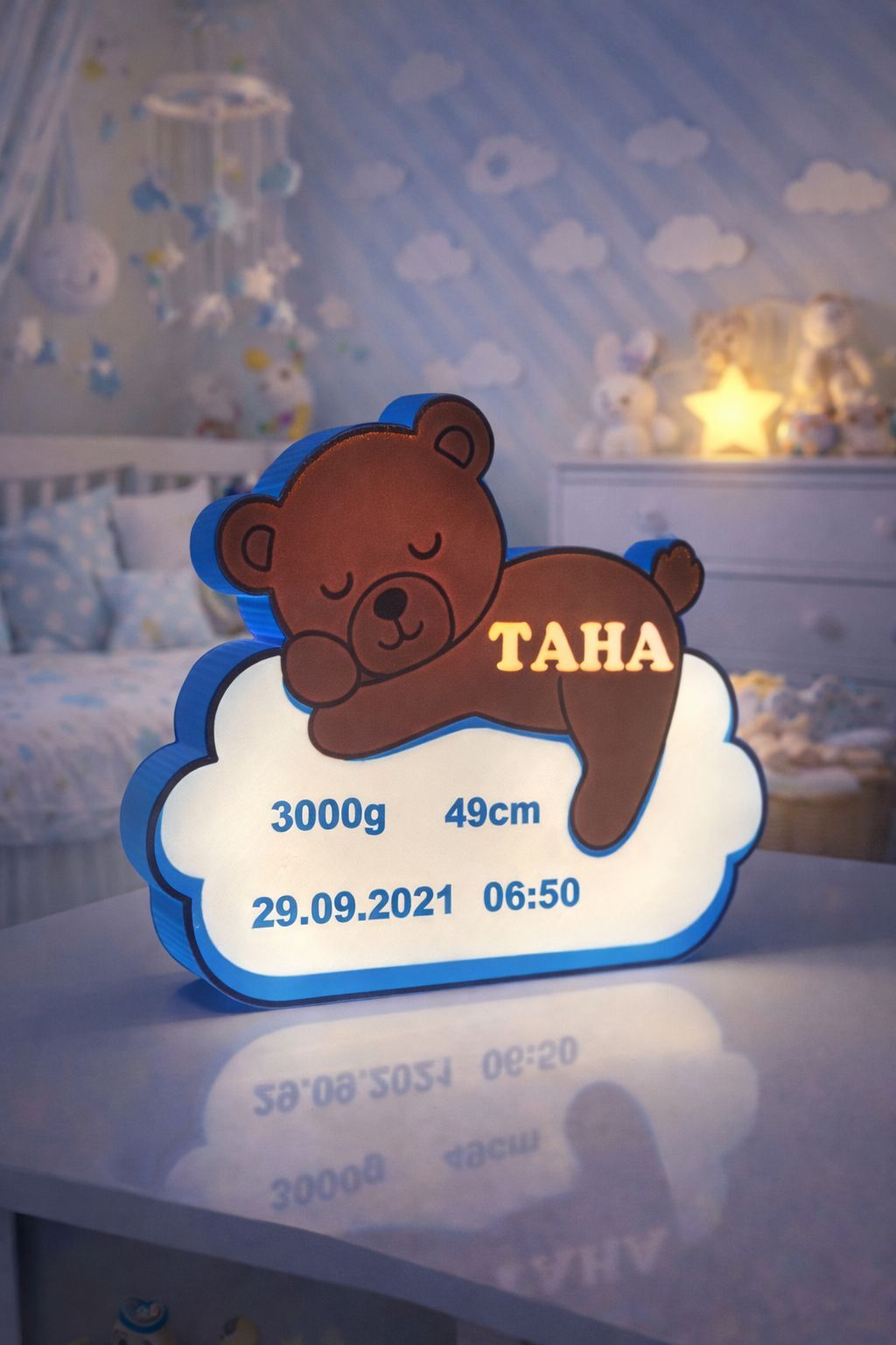 Mavi Ayıcıklı Bulut Gece Lambası-Yenidoğan Bebek Odası İçin Led Işıklı Pilli Lamba