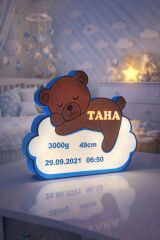 Mavi Ayıcıklı Bulut Gece Lambası-Yenidoğan Bebek Odası İçin Led Işıklı Pilli Lamba