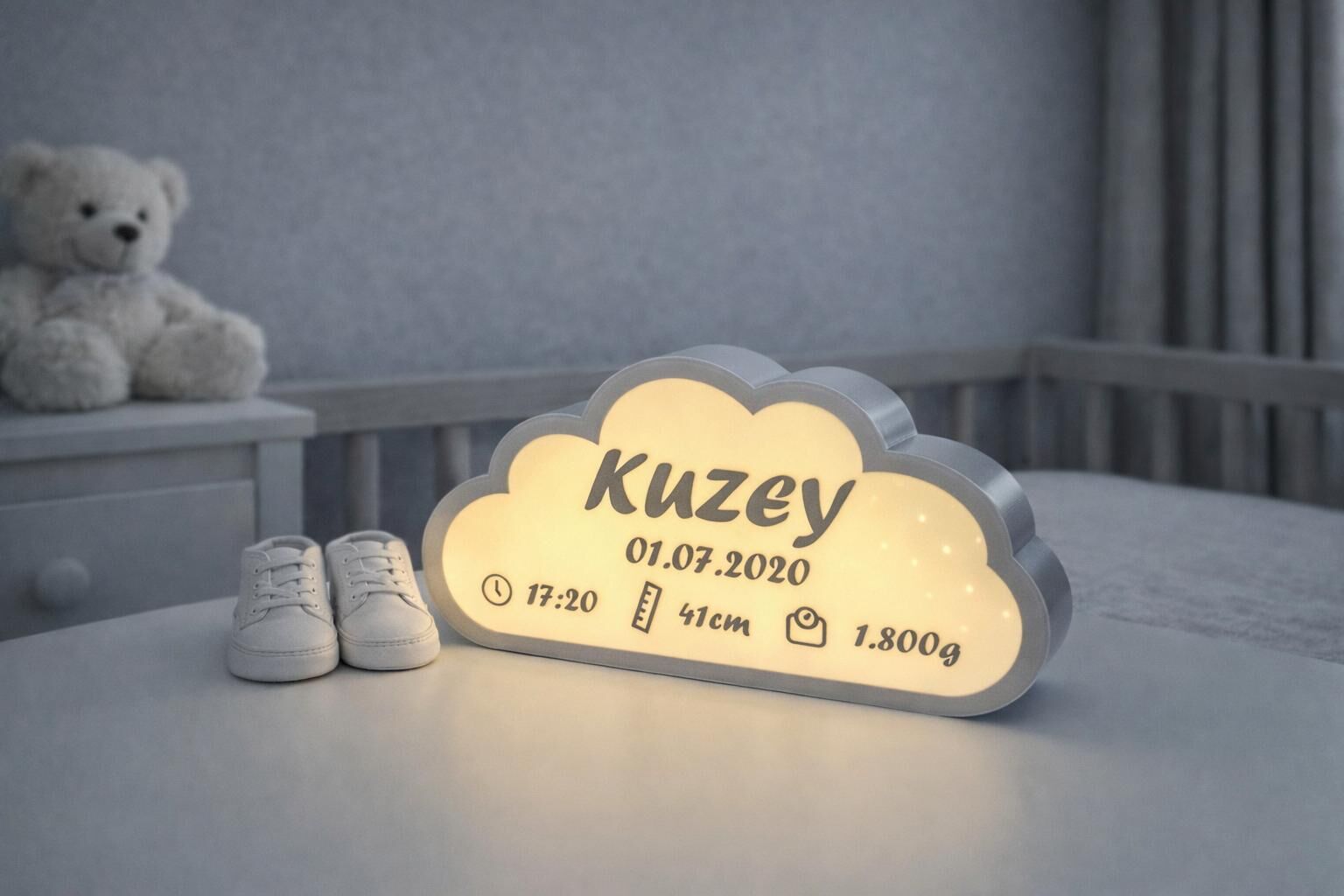Gri Gece Lambası - Yeni doğan Bebek Odası İçin Led Işıklı Pilli Lamba