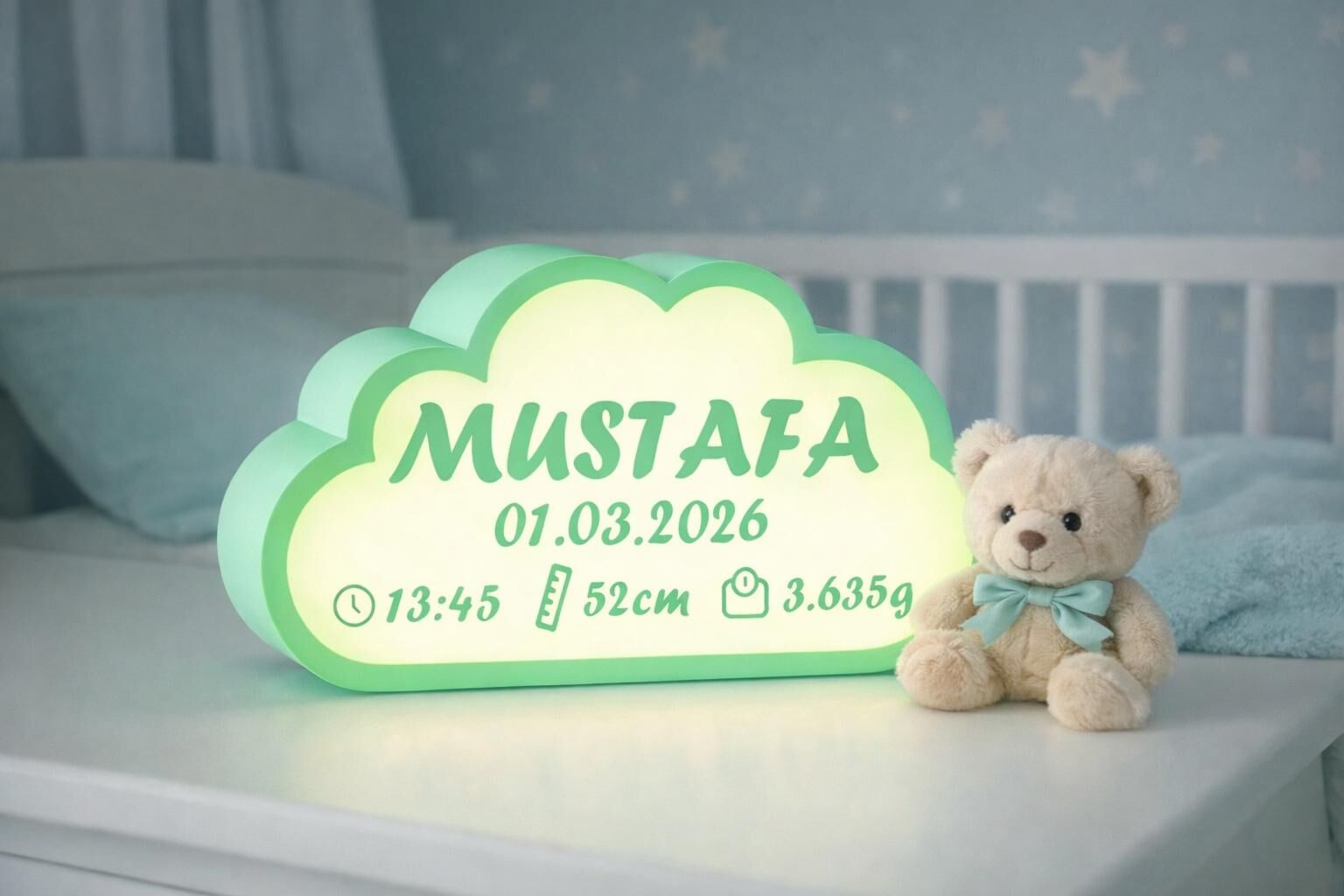 Su Yeşili Bulut Gece Lambası - Yeni doğan Bebek Odası İçin Led Işıklı Pilli Lamb